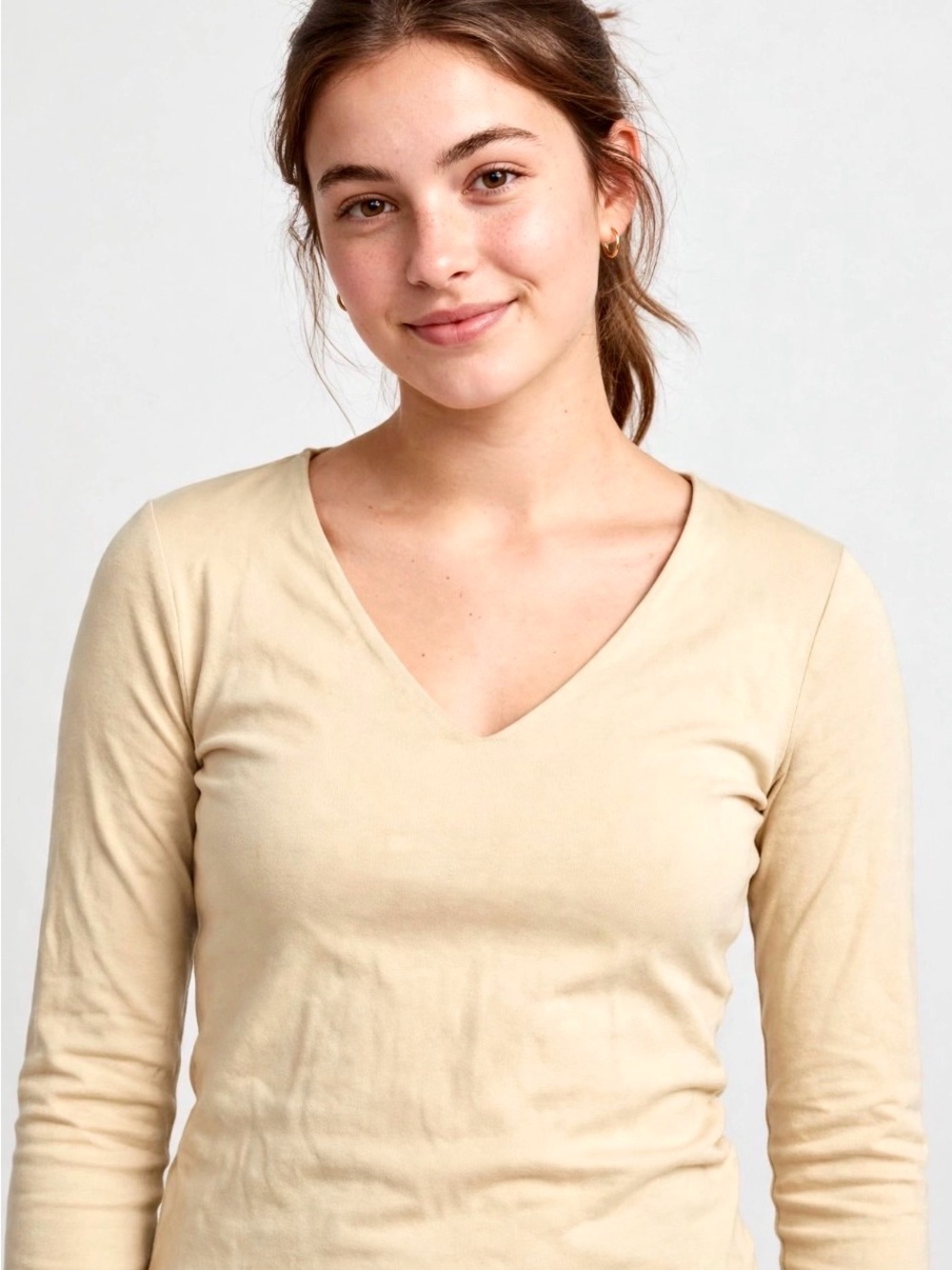 A New Day V-Neck Long Sleeve Women's Top in Light Beige- Y2K Coquette Minimalist